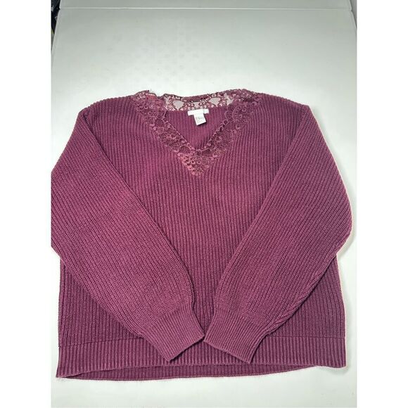 H&M Women’s Burgundy Cotton Knit Sweater Lace Trim Vneck Size XS Oversized - Picture 5 of 8